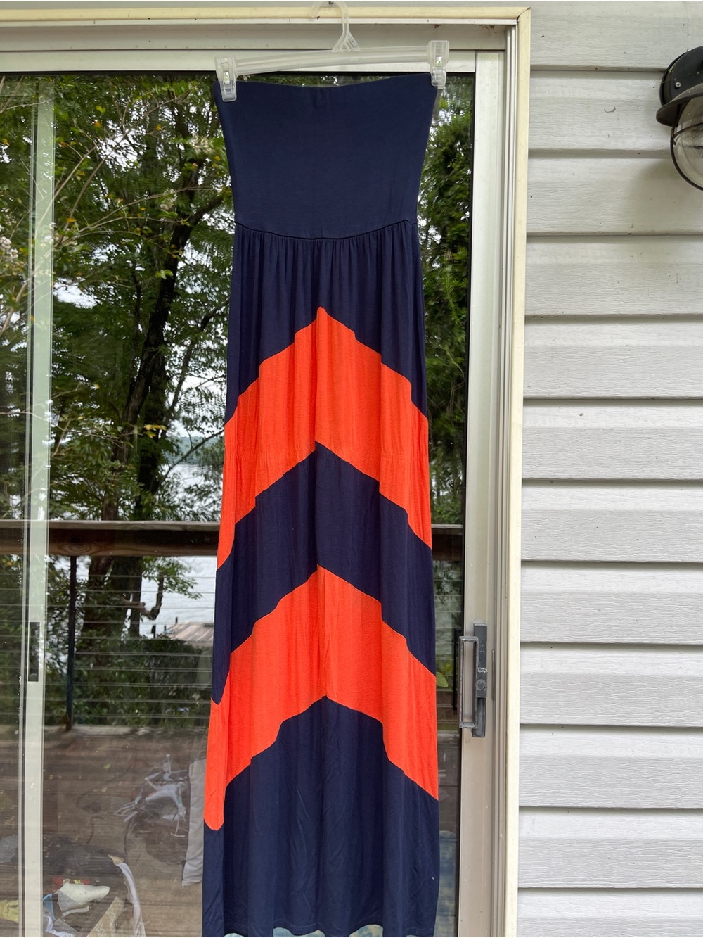 Newbury Kustom Navy and orange strapless maxi gameday dress